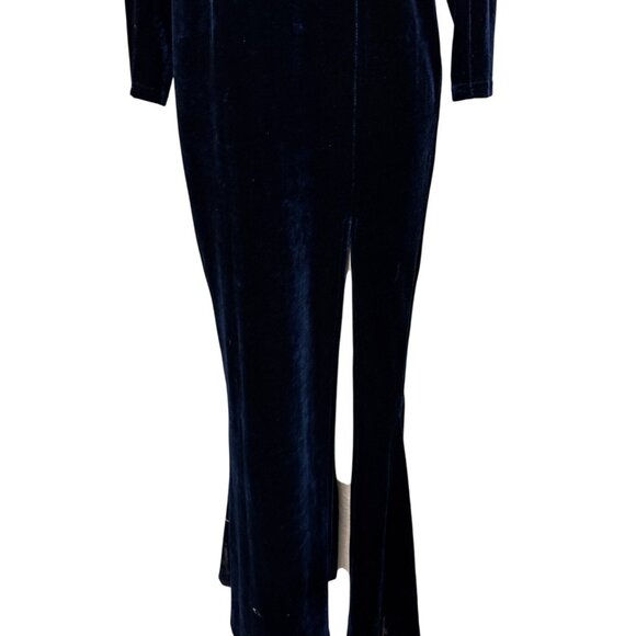 Collectif Vintage Navy Lexie Velvet Maxi Dress L UK 14 Long Sleeve Draped V-Neck - Picture 5 of 13